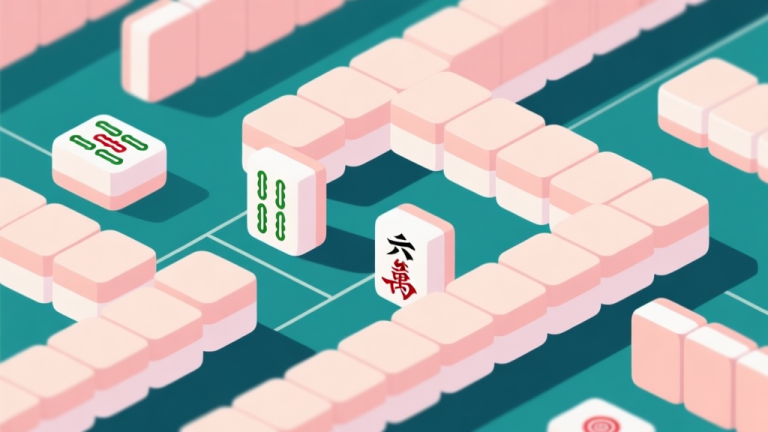 自动生成图片: Abstract geometric composition with overlapping Mahjong tiles forming connected paths, soft pastel colors, modern minimal style, professional game strategy concept illustration high quality illustration, detailed, 16:9