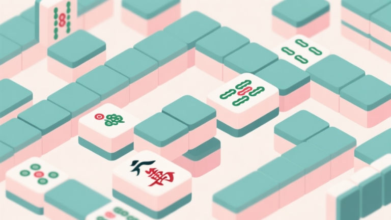 自动生成图片: Abstract geometric composition with overlapping Mahjong tiles in complex patterns, soft pastel colors, clean lines showing blocked and open connections, minimalist puzzle game concept high quality illustration, detailed, 16:9