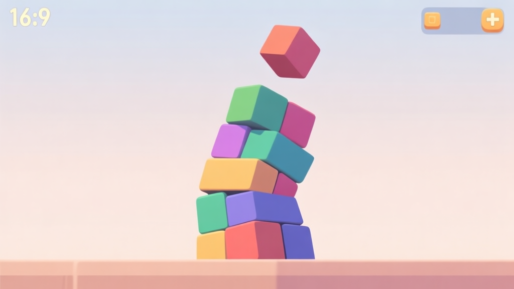 A minimalist side-view illustration of a wobbly, imperfect tower made of colorful blocks, with a new block hovering above it. Soft pastel background, clean lines, game UI concept high quality illustration, detailed, 16:9