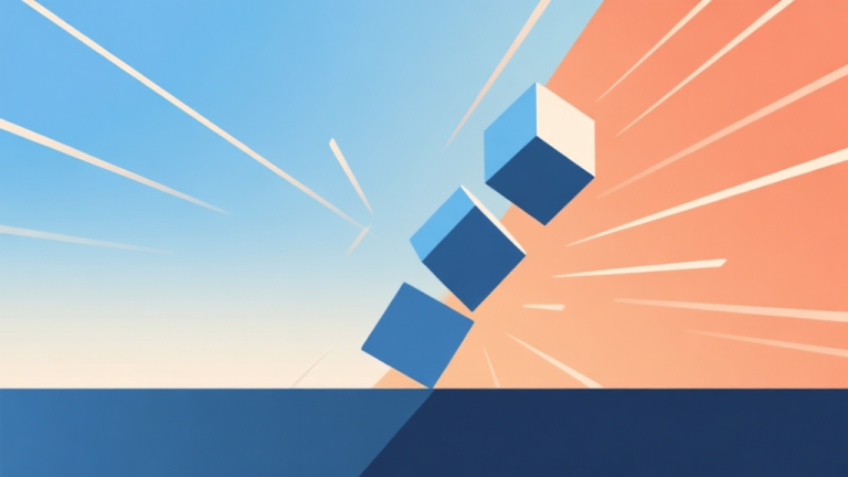 自动生成图片: Abstract geometric composition showing a central axis with blocks leaning to one side, dynamic motion lines indicating controlled imbalance, soft blue and orange gradient, clean minimalist game design illustration high quality illustration, detailed, 16:9