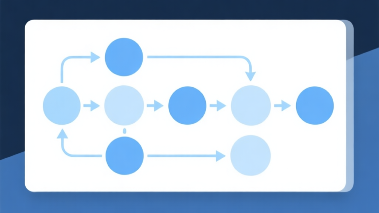 自动生成图片: Simple flowchart illustration with connected circles and arrows, light blue and white color scheme, clean minimal design, business presentation style high quality illustration, detailed, 16:9