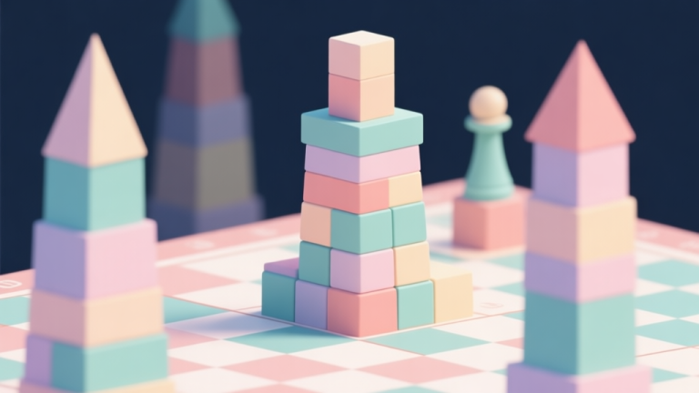 自动生成图片: Abstract geometric composition with overlapping towers made of colorful blocks, soft pastel colors, clean lines, modern minimal style, strategic board game concept high quality illustration, detailed, 16:9