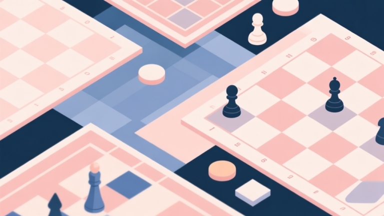 自动生成图片: Abstract geometric composition with overlapping game boards and pieces, soft pastel colors, modern minimal style, professional strategy concept illustration high quality illustration, detailed, 16:9