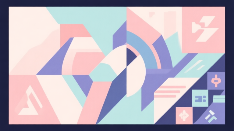 自动生成图片: Abstract geometric composition with overlapping shapes representing strategy, action, and collection, soft pastel colors, modern minimal style, professional gaming concept illustration high quality illustration, detailed, 16:9