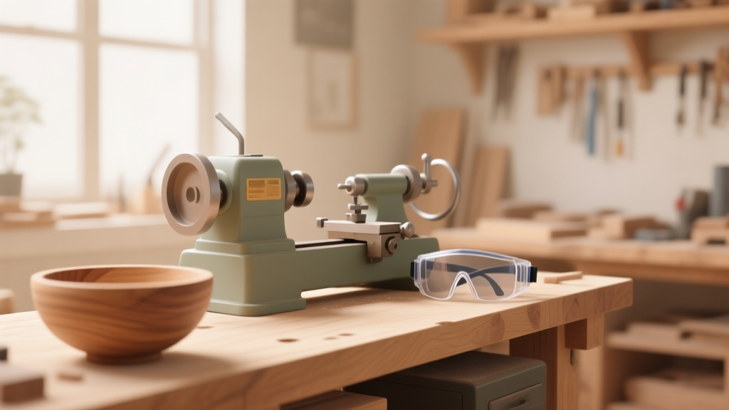 A serene, well-lit home workshop with a lathe as the centerpiece, safety goggles and a face shield placed neatly nearby, soft focus on a simple finished wooden bowl on the bench, minimalist style, warm wood tones, clean and safe atmosphere high quality illustration, detailed, 16:9