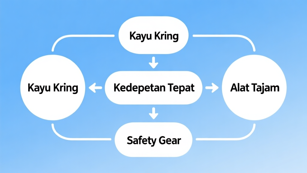 Simple flowchart illustration with connected circles and arrows labeled "Kayu Kering", "Kecepatan Tepat", "Alat Tajam", "Safety Gear", light blue and white color scheme, clean minimal design, business presentation style high quality illustration, detailed, 16:9