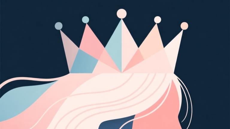 自动生成图片: Abstract geometric composition with overlapping shapes forming a crown and hair strands, soft pastel colors, modern minimal style, professional concept illustration of transformation and trends high quality illustration, detailed, 16:9