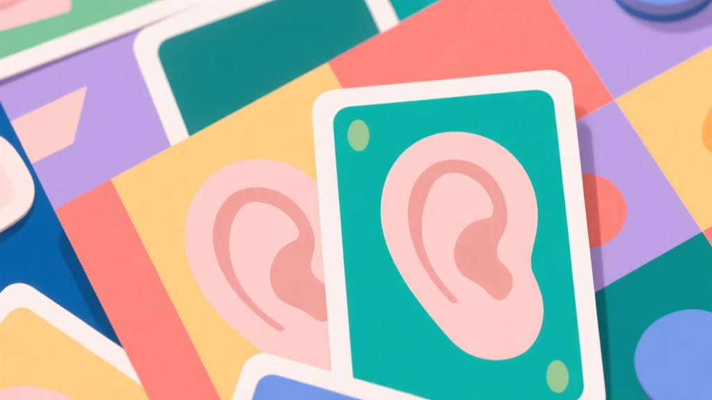 Abstract geometric composition with overlapping colorful cards and simple ear shapes, soft pastel colors, modern minimal style, playful board game concept illustration high quality illustration, detailed, 16:9