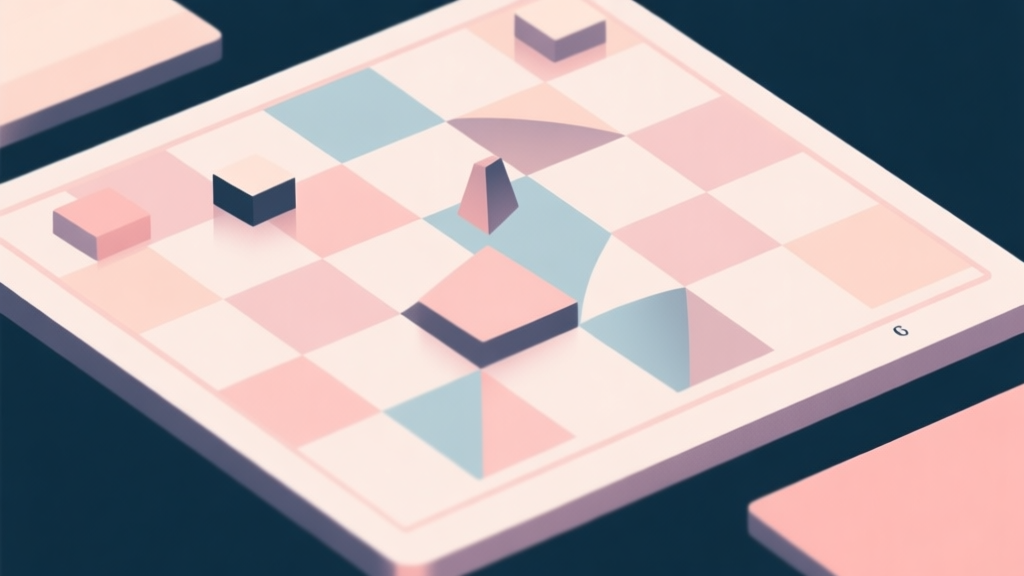 Abstract geometric composition with overlapping shapes representing a game board, soft pastel colors, modern minimal style, professional strategy concept illustration high quality illustration, detailed, 16:9