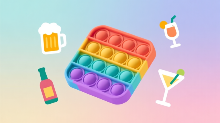 自动生成图片: Simple geometric illustration of a colorful Pop It fidget toy with drink icons like beer and cocktail glasses around it, soft gradient background, clean and fun minimalist style high quality illustration, detailed, 16:9