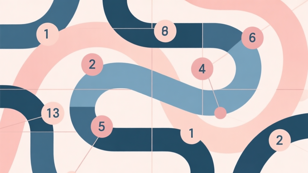 Abstract geometric composition with overlapping snake-like curves and numbered nodes, soft pastel colors, modern minimal style, professional puzzle concept illustration high quality illustration, detailed, 16:9