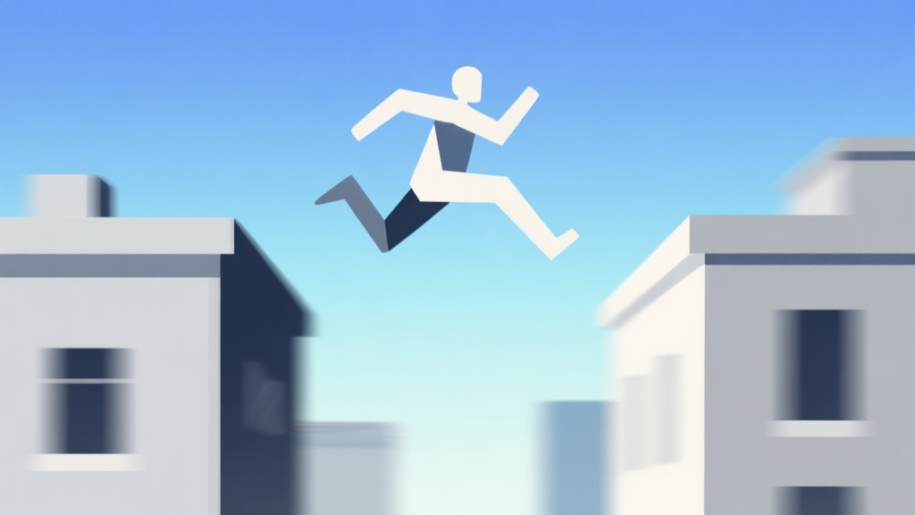 Abstract geometric composition showing a stylized human figure leaping between simple building shapes, soft gradient background of blue and grey, clean lines, dynamic motion blur effect, minimalist video game concept art high quality illustration, detailed, 16:9