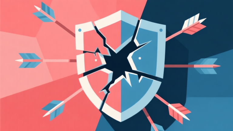 自动生成图片: Abstract geometric composition showing a shield breaking into pieces against multiple arrows, soft red and blue color scheme, modern minimal style, professional game strategy concept illustration high quality illustration, detailed, 16:9