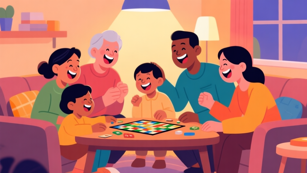 A vibrant, stylized illustration of a diverse family of different ages laughing and playing a board game together around a cozy living room table, warm lighting, flat design style with joyful expressions high quality illustration, detailed, 16:9