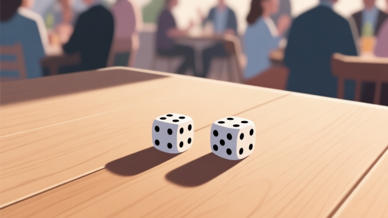 自动生成图片: A minimalist top-down view of two dice on a wooden table, with soft shadows, a blurred background of social gathering, clean and inviting composition high quality illustration, detailed, 16:9