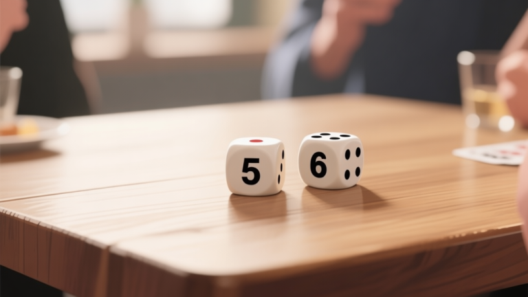 自动生成图片: Two dice showing the numbers 5 and 6 on a wooden table, soft natural lighting, minimalist composition, focus on the dice, social gathering ambiance high quality illustration, detailed, 16:9