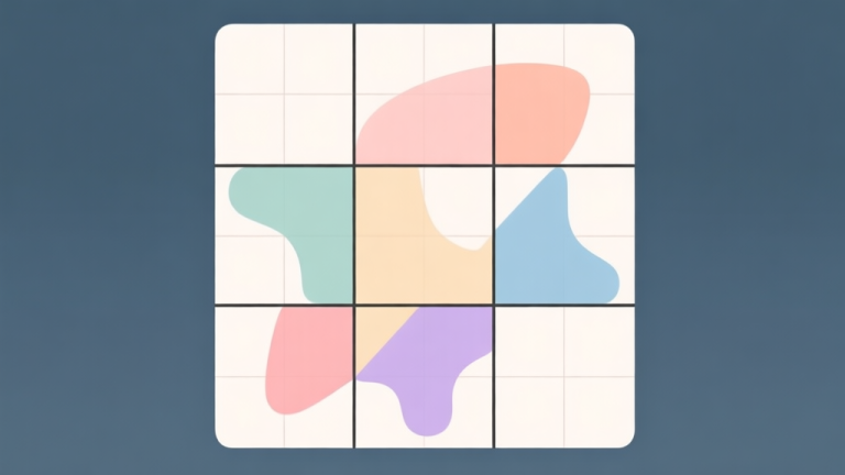 自动生成图片: Abstract geometric puzzle with irregular interlocking shapes, soft pastel colors, clean lines on a grid, minimalist design, representing the core concept of Shapes Sudoku high quality illustration, detailed, 16:9