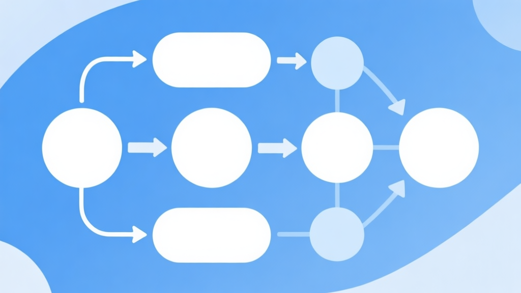 Simple flowchart illustration with connected circles and arrows, light blue and white color scheme, clean minimal design, business presentation style high quality illustration, detailed, 16:9
