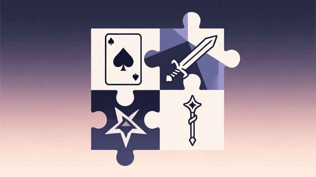 Abstract geometric puzzle pieces interlocking with icons of cards, swords, and magic staves on a soft gradient background, clean minimalist design, professional gaming concept illustration high quality illustration, detailed, 16:9