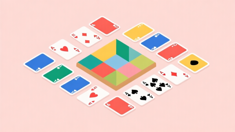 自动生成图片: Simple geometric arrangement of colorful playing cards and a minimalist game board on a soft pastel background, clean flat design, playful yet organized composition high quality illustration, detailed, 16:9