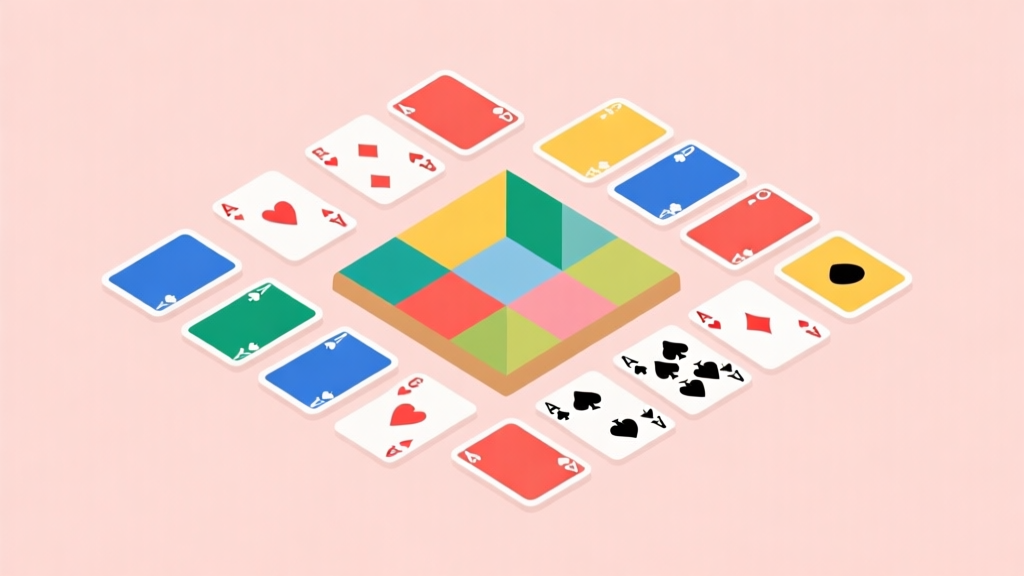 Simple geometric arrangement of colorful playing cards and a minimalist game board on a soft pastel background, clean flat design, playful yet organized composition high quality illustration, detailed, 16:9