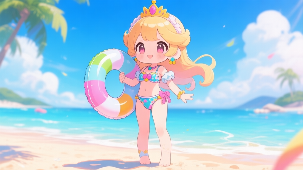 A cute, kawaii-style princess character in a detailed swimsuit, holding a floatie, standing on a bright beach, digital art, vibrant summer colors, anime style high quality illustration, detailed, 16:9