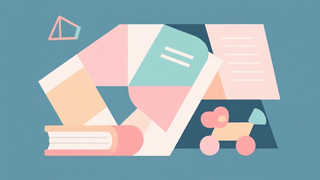 Abstract geometric composition with overlapping shapes representing learning and play, soft pastel colors, modern minimal style, professional educational concept illustration high quality illustration, detailed, 16:9