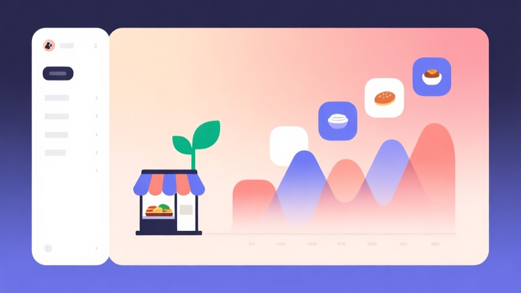 Minimalist business dashboard with abstract data visualization showing a small food stall icon growing into multiple larger icons, soft gradient background, professional color scheme, clean geometric shapes, flat design style high quality illustration, detailed, 16:9