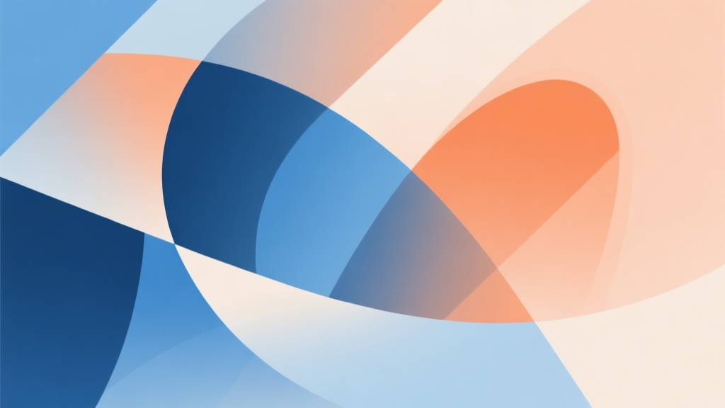 Abstract geometric composition with overlapping shapes in a dynamic sequence, soft gradient of blue and orange, clean minimal style, conveying movement and precision high quality illustration, detailed, 16:9