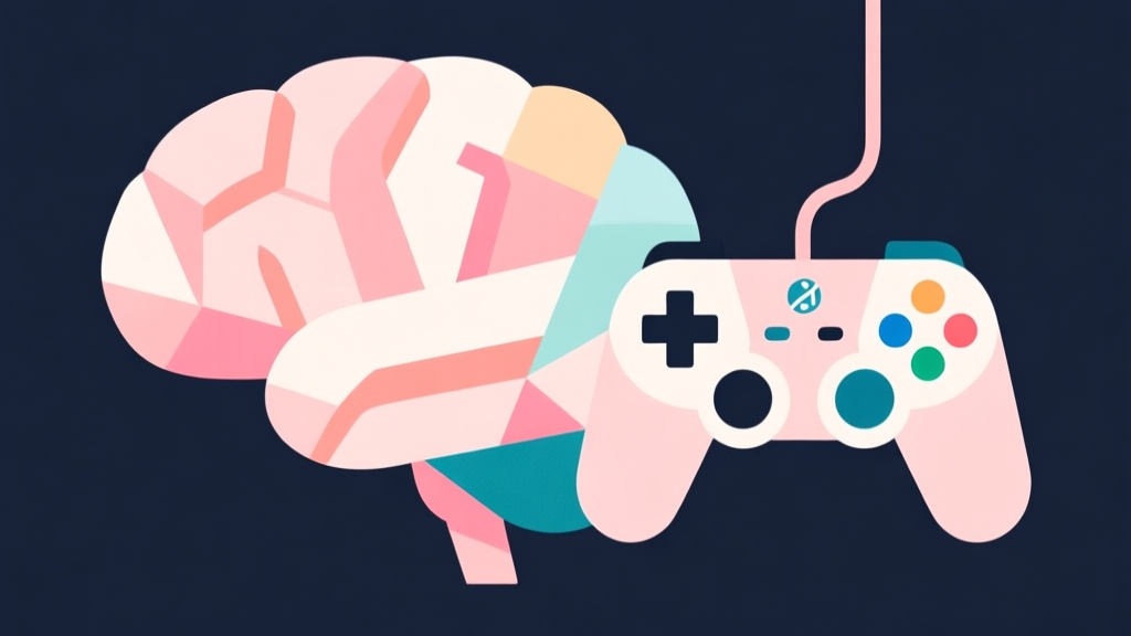 Abstract geometric composition with overlapping shapes representing a brain and a game controller, soft pastel colors, modern minimal style, professional psychology and gaming concept illustration high quality illustration, detailed, 16:9