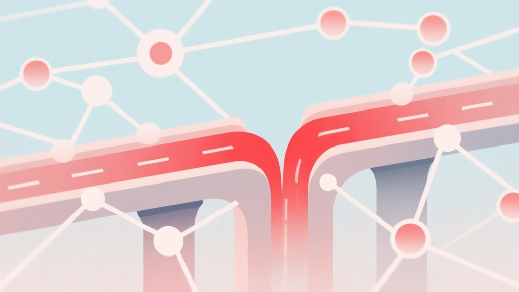 Abstract network nodes connected by lines, soft color scheme, clean minimal illustration, modern digital concept, showing a traffic bottleneck with red highlight high quality illustration, detailed, 16:9