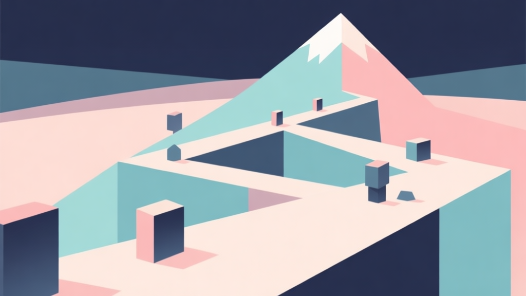Abstract geometric composition with overlapping shapes in soft pastel colors, showing a path with obstacles and a peak, modern minimal style, professional game strategy concept illustration high quality illustration, detailed, 16:9