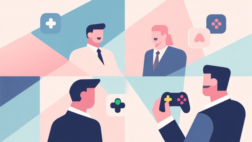 Abstract geometric composition with overlapping shapes representing game characters and player engagement, soft pastel colors, modern minimal style, professional business concept illustration high quality illustration, detailed, 16:9