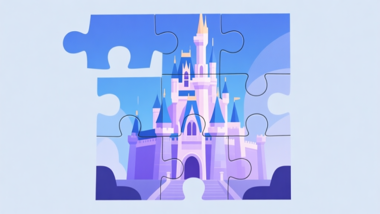自动生成图片: Abstract geometric composition showing puzzle pieces transforming into a complete fantasy castle image, soft magical color palette with blues and purples, clean minimal design, concept of visual completion high quality illustration, detailed, 16:9
