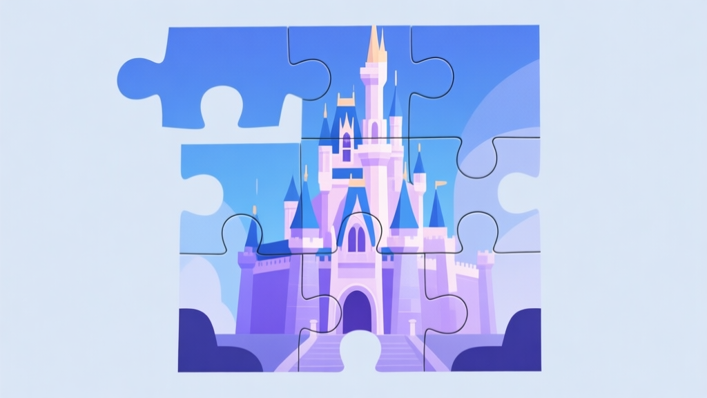 Abstract geometric composition showing puzzle pieces transforming into a complete fantasy castle image, soft magical color palette with blues and purples, clean minimal design, concept of visual completion high quality illustration, detailed, 16:9