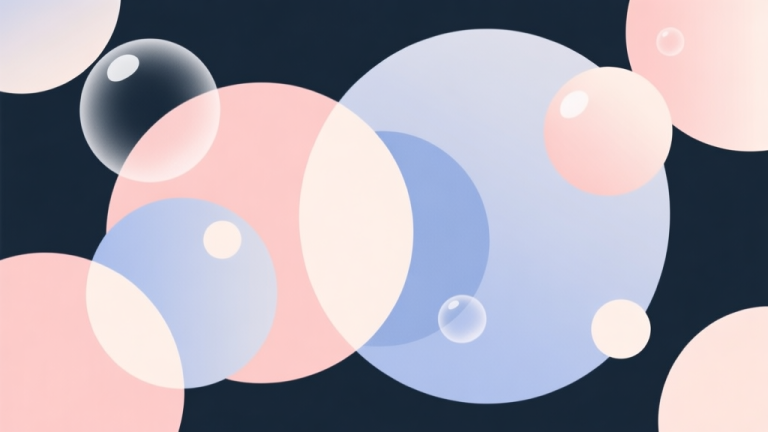 自动生成图片: Abstract geometric composition with overlapping circles and bubbles in soft pastel colors, clean minimal style, representing sensory stimulation and order high quality illustration, detailed, 16:9