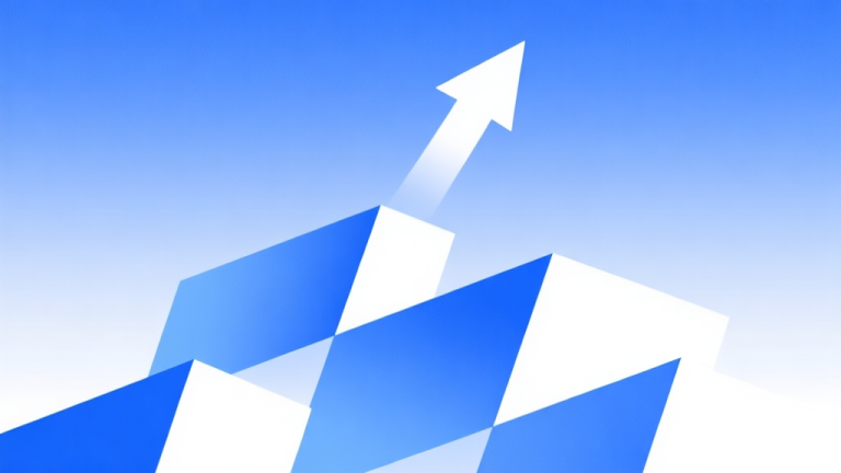 自动生成图片: Abstract geometric composition with overlapping shapes in blue and white, one shape soaring above others, soft gradient background, modern minimal style, professional growth concept illustration high quality illustration, detailed, 16:9