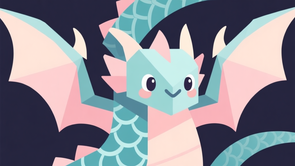 Abstract geometric composition with overlapping dragon scales, wings, and cute eyes, soft pastel colors, modern minimal style, professional game design concept illustration high quality illustration, detailed, 16:9