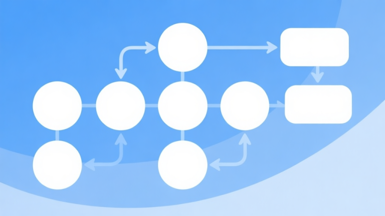自动生成图片: Simple flowchart illustration with connected circles and arrows, light blue and white color scheme, clean minimal design, business presentation style high quality illustration, detailed, 16:9