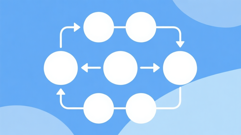Simple flowchart illustration with connected circles and arrows, light blue and white color scheme, clean minimal design, business presentation style high quality illustration, detailed, 16:9
