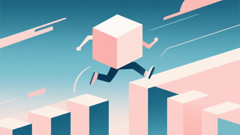 自动生成图片: Abstract geometric composition with a cube jumping over obstacles, soft pastel colors, modern minimal style, clean lines, dynamic movement illustration high quality illustration, detailed, 16:9