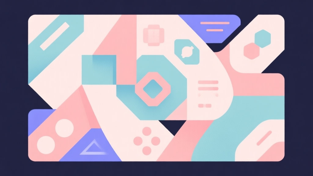 Abstract geometric composition with overlapping shapes representing game mechanics, soft pastel colors, modern minimal style, professional gaming concept illustration high quality illustration, detailed, 16:9