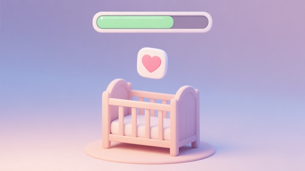 A cozy, minimalist digital nursery scene with a stylized crib, a floating heart icon, and a simple progress bar above, in a soft pastel color palette, clean game UI illustration style high quality illustration, detailed, 16:9