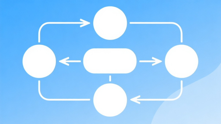 自动生成图片: Simple flowchart illustration with connected circles and arrows, light blue and white color scheme, clean minimal design, business presentation style high quality illustration, detailed, 16:9