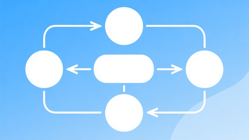 Simple flowchart illustration with connected circles and arrows, light blue and white color scheme, clean minimal design, business presentation style high quality illustration, detailed, 16:9