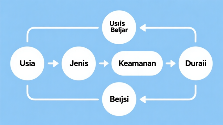 自动生成图片: Simple flowchart illustration with connected circles and arrows labeled "Usia", "Jenis Belajar", "Keamanan", "Durasi", light blue and white color scheme, clean minimal design, business presentation style high quality illustration, detailed, 16:9
