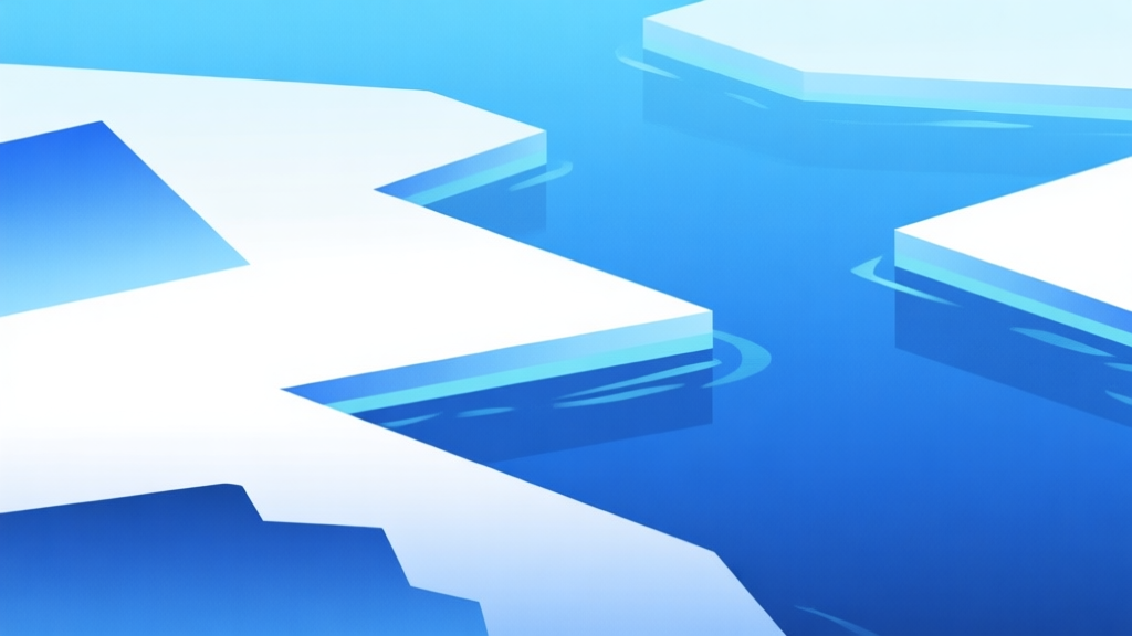 Abstract geometric composition with overlapping shapes in blue and white gradients, representing land and water separation, clean minimal style, professional game concept illustration high quality illustration, detailed, 16:9