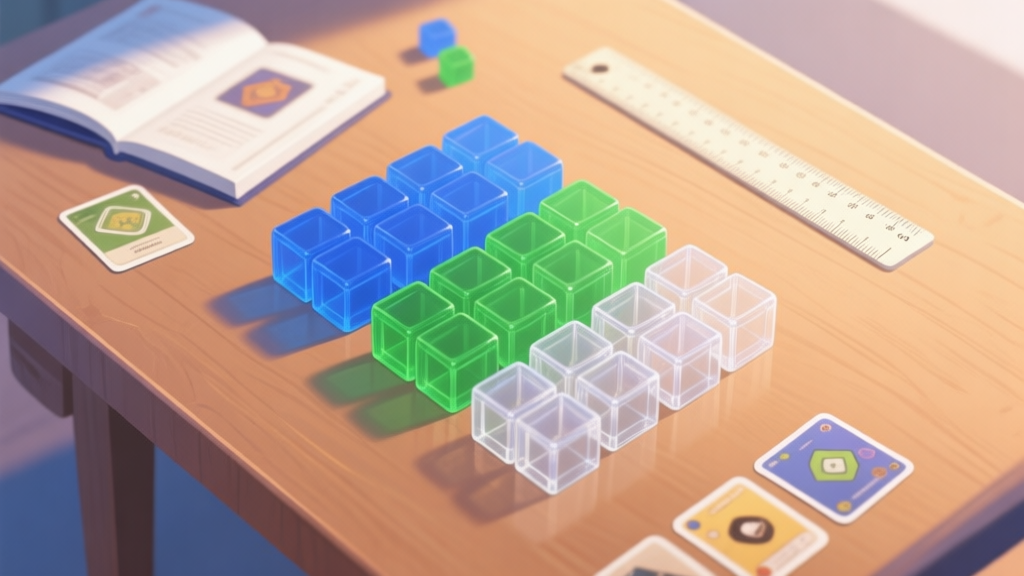 A top-down view of colorful, translucent plastic blocks in blue, green, and clear colors, neatly arranged on a wooden table, with a rulebook and mission cards visible, minimalist style, soft lighting high quality illustration, detailed, 16:9