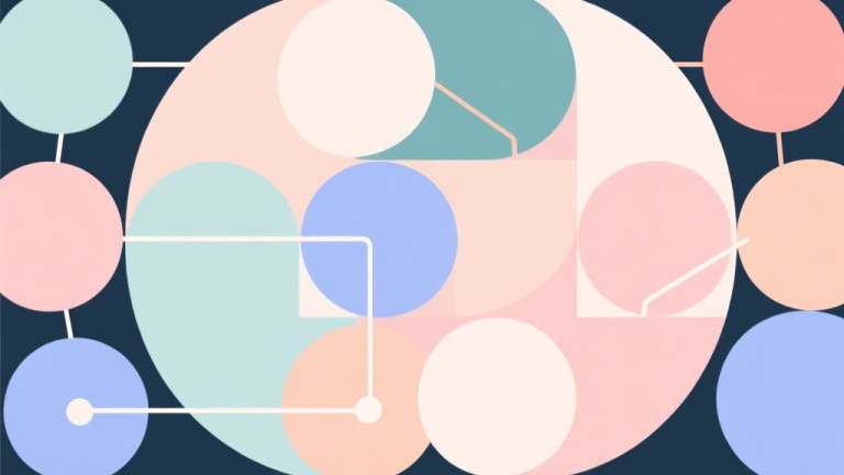 自动生成图片: Abstract geometric composition with overlapping circles in soft pastel colors, some connected by lines, representing strategy and connections in a puzzle game, clean minimal style, professional illustration high quality illustration, detailed, 16:9