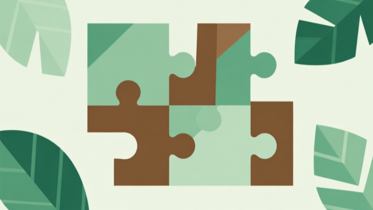 自动生成图片: Abstract geometric composition with overlapping puzzle pieces and leaf shapes, soft green and brown color scheme, clean minimal design, strategic game concept illustration high quality illustration, detailed, 16:9